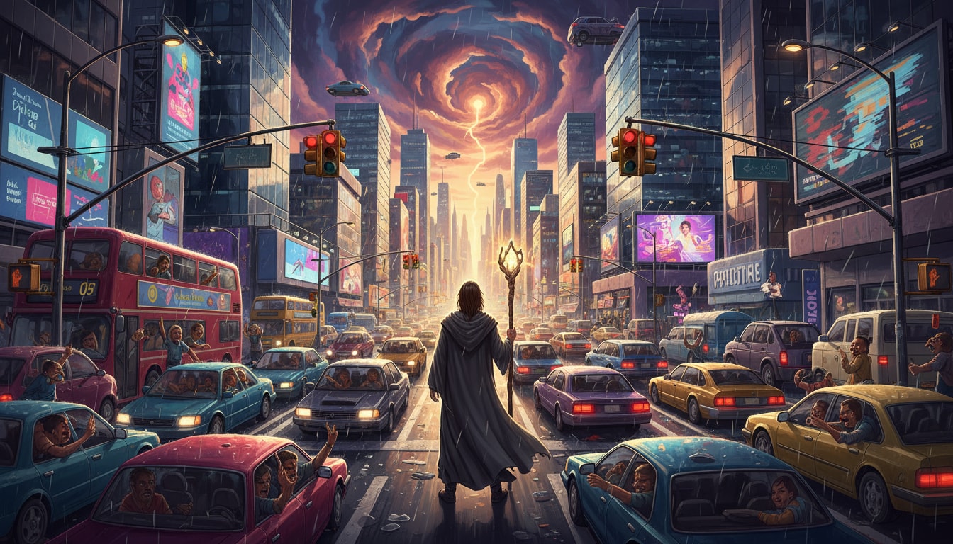 A robed, grey-bearded figure stands at a busy intersection, holding a staff instead of a stop sign, and shouting "You shall not pass!" at the traffic. Who is he? - Question Image