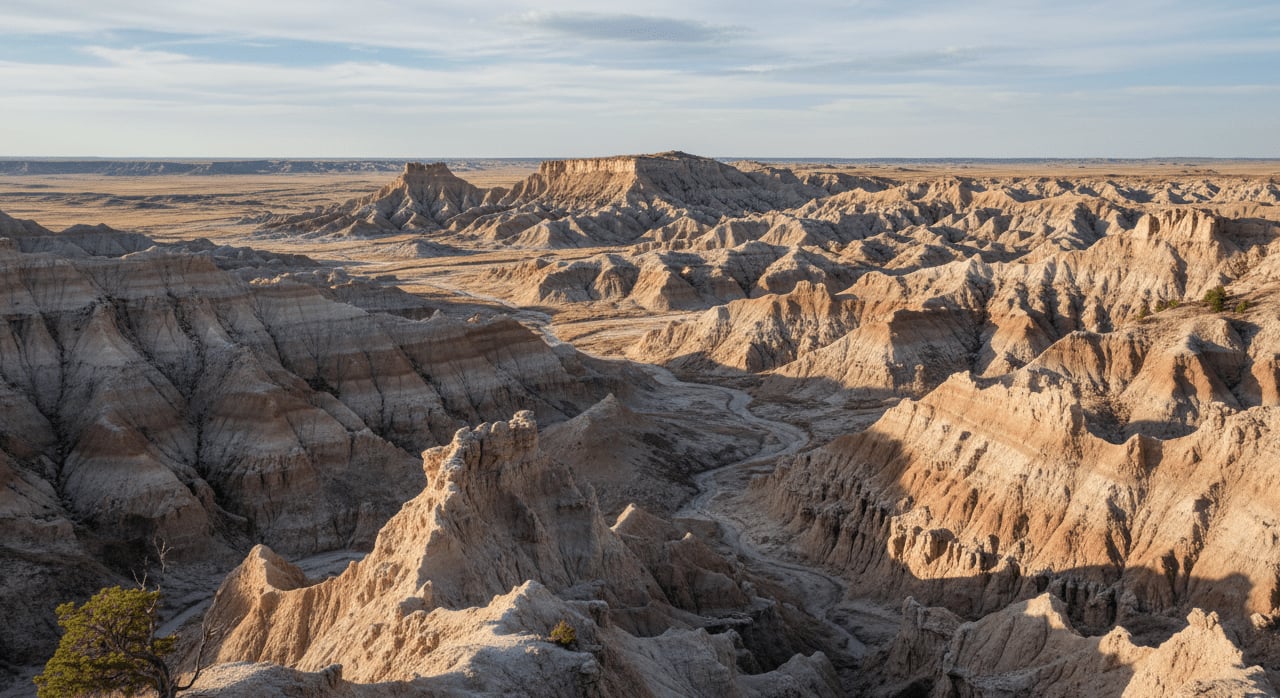 What is the primary geological process responsible for shaping the Badlands National Park's unique formations? - Question Image