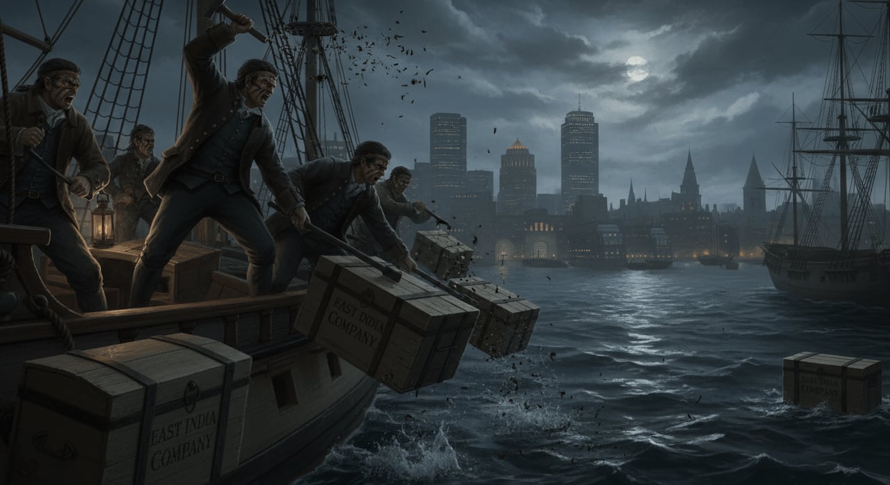 What significant act of protest in 1773 involved colonists disguised as Native Americans dumping tea into Boston Harbor? - Question Image