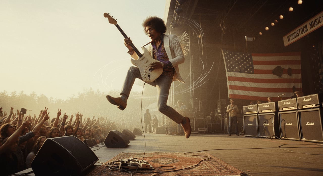 Which iconic guitarist famously performed a distorted rendition of 'The Star-Spangled Banner' at Woodstock in 1969? - Question Image