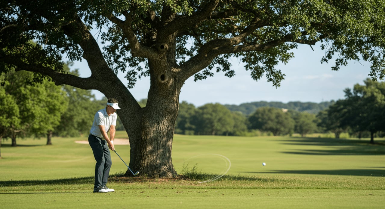 Which golfing term describes the act of hitting the ball from directly behind a tree or other obstacle? - Question Image