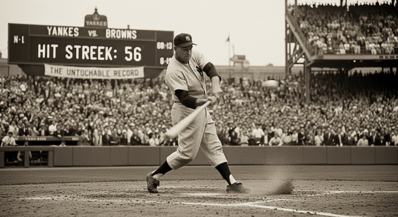 Which iconic baseball player is famously known for his 56-game hitting streak in 1941? - Question Image